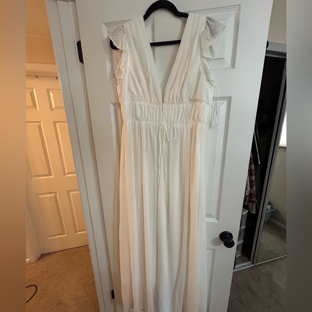 Lulu's White Jumpsuit with Ruffle Sleeves